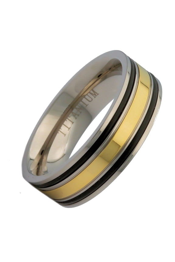 8mm Titanium Gold Plated Center Black Grooved Edges Wedding Band Ring