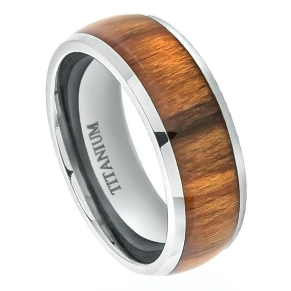 8mm Titanium High Polished Domed with Santos Rosewood Inlay Wedding Band Ring For Men Or Ladies