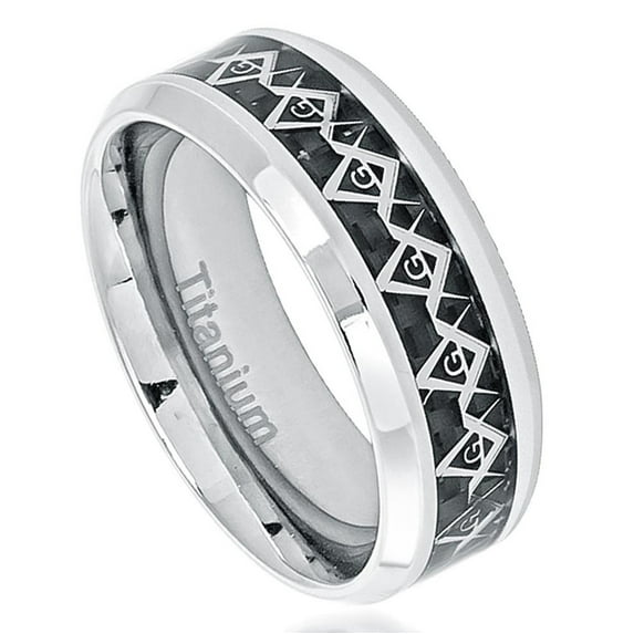 8mm Titanium Masonic Symbol Inlay over Black Carbon Fiber Inlay Wedding Band Ring For Men Or Ladies