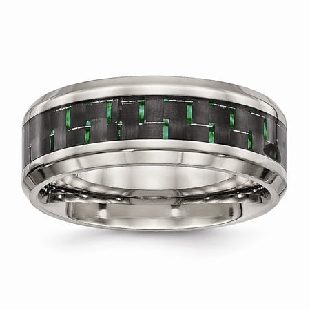 8mm Titanium Polished Black Green Carbon Fiber Inlay Ring - Size 10.5