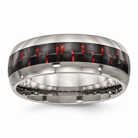 8mm Titanium Polished Black Red Carbon Fiber Inlay Ring - Size 8.5