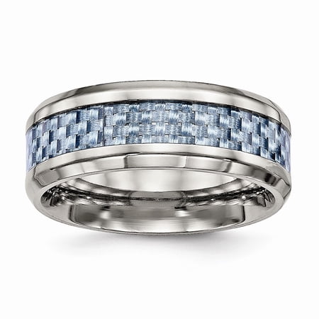 8mm Titanium Polished Blue Carbon Fiber Inlay Ring - Size 10.5