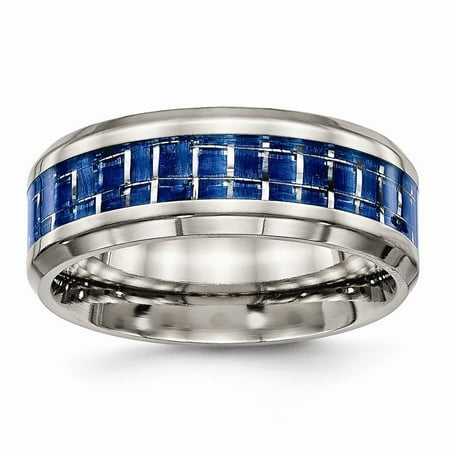 8mm Titanium Polished Blue White Carbon Fiber Inlay Ring - Size 10.5