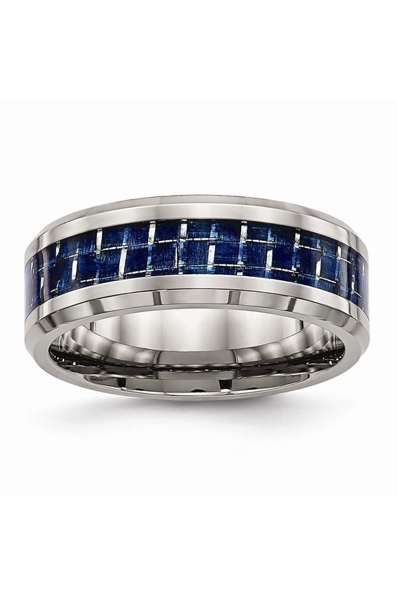 8mm Titanium Polished With Blue Carbon Fiber Ring - Size 11