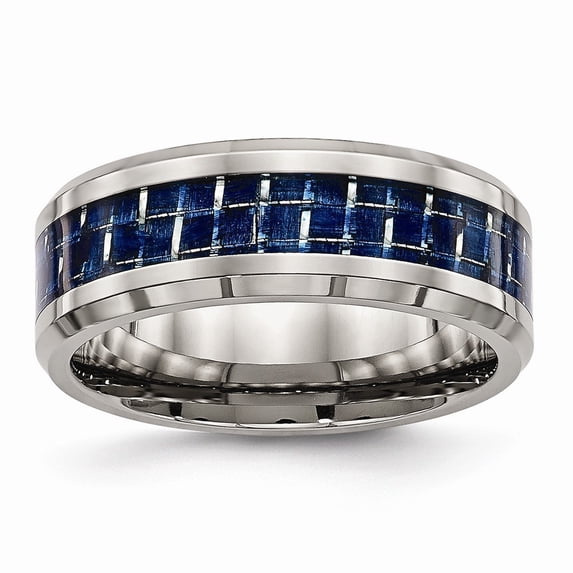 8mm Titanium Polished With Blue Carbon Fiber Ring - Size 7.5