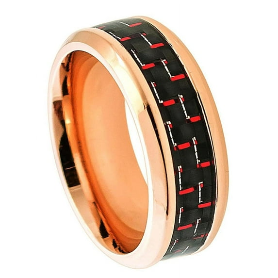 8mm Titanium Rose Gold Plated with Red Carbon Fiber Inlay Wedding Band Ring For Men Or Ladies