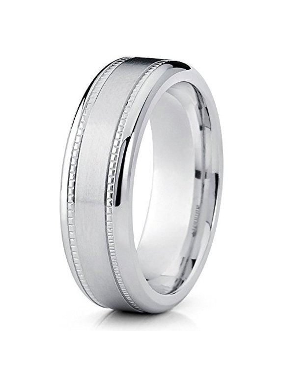 8mm Titanium Wedding Band White Titanium Ring Brushed Finish Milgrain Design Beveled