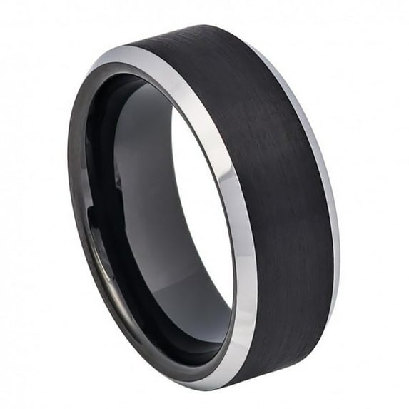 8mm Tungsten Black IP Plated Brushed Center High Polished Steel Color Beveled Edge Wedding Band Ring For Men Or Ladies
