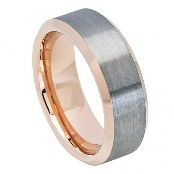 8mm Tungsten Brushed Gun Metal Finish, High Polished Rose Gold Plated Beveled Edge & Inside Wedding Band Ring For Men Or Ladies
