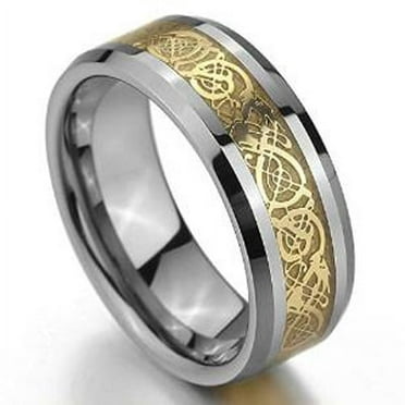 8mm Tungsten Carbide Beveled Edge Celtic Knot Dragon over Yellow Inlay Wedding Band Ring For Men Or Ladies