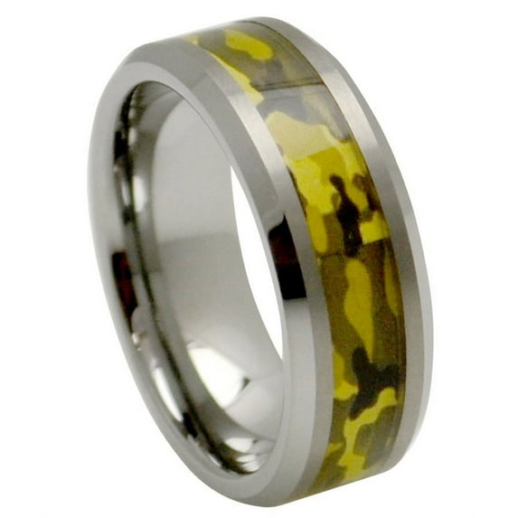 8mm Tungsten Carbide Beveled Edge With Green Camo Military Inlay Wedding Band Ring For Men Or Ladies