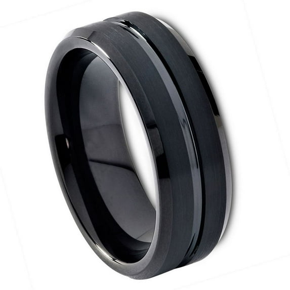 8mm Tungsten Carbide Black IP Plated Shiny Grooved Center Brushed Beveled Edge Wedding band Ring for Men and Ladies