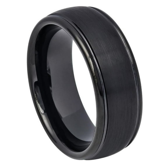 8mm Tungsten Carbide Domed Black IP Plated Brushed Center High Polished Grooved EdgeWedding band Ring for Men and Ladies