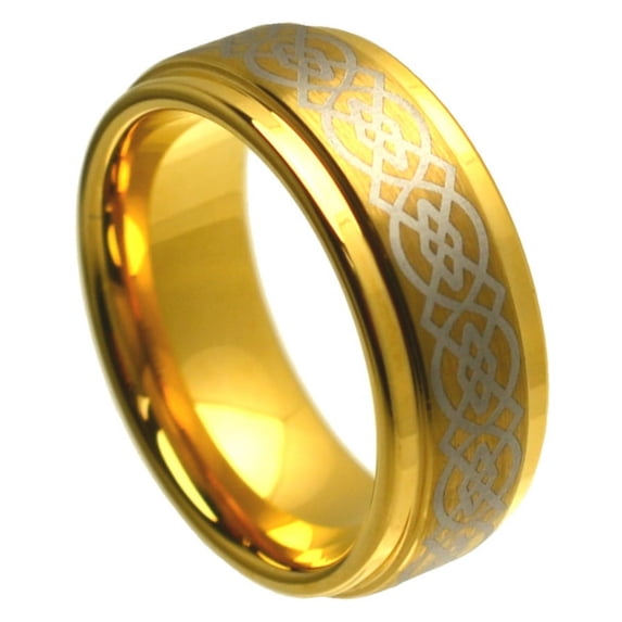8mm Tungsten Carbide Gold Plated Brushed Center With Celtic Design Wedding Band Ring For Men or Ladies