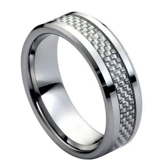 8mm Tungsten Carbide Grey Carbon Fiber Inlay Low Beveled Edge Wedding band Ring for Men and Ladies
