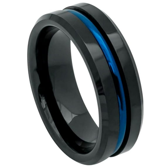 8mm Tungsten Carbide High Polished Beveled Edge Black IP Plated Ring with Blue IP Plated Grooved Center Wedding band Ring for Men and Ladies