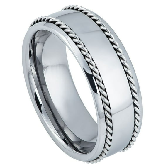 8mm Tungsten Carbide High Polished Semi-Domed with Rope Stainless Steel Inlaid Sides Wedding band Ring for Men and Ladies
