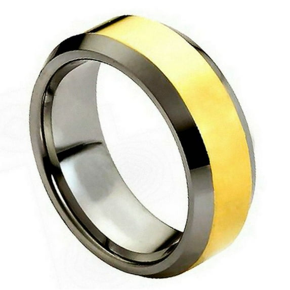 8mm Tungsten Carbide Polished Shiny Gold Plated Center & Beveled Edge Wedding band Ring for Men and Ladies