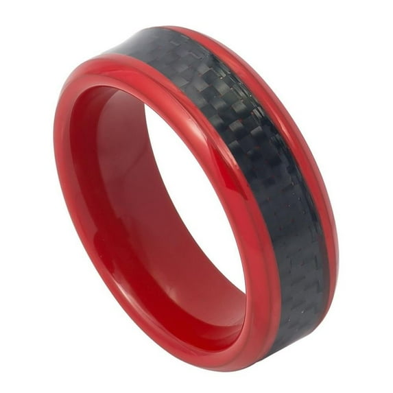 8mm Tungsten Carbide Red Enamel Plated High Polished Pipe-cut with Black Carbon Fiber Inlay Wedding band Ring for Men and Ladies