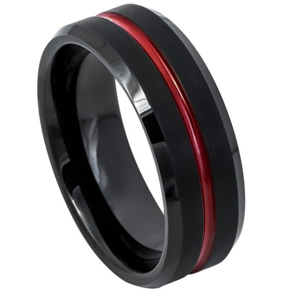 8mm Tungsten Carbide Red IP Plated Shiny Grooved Center Black Brushed Beveled Edge Wedding band Ring for Men and Ladies