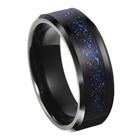 8mm Tungsten Carbide Ring Black Celtic Dragon w/ Blue Carbon Fiber Mens Band
