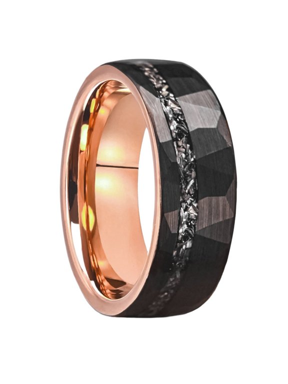 8mm Tungsten Carbide Ring Black Hammered with Crushed Meteorite Inlay Rose Gold Inner Band Unisex Sizes 5-15