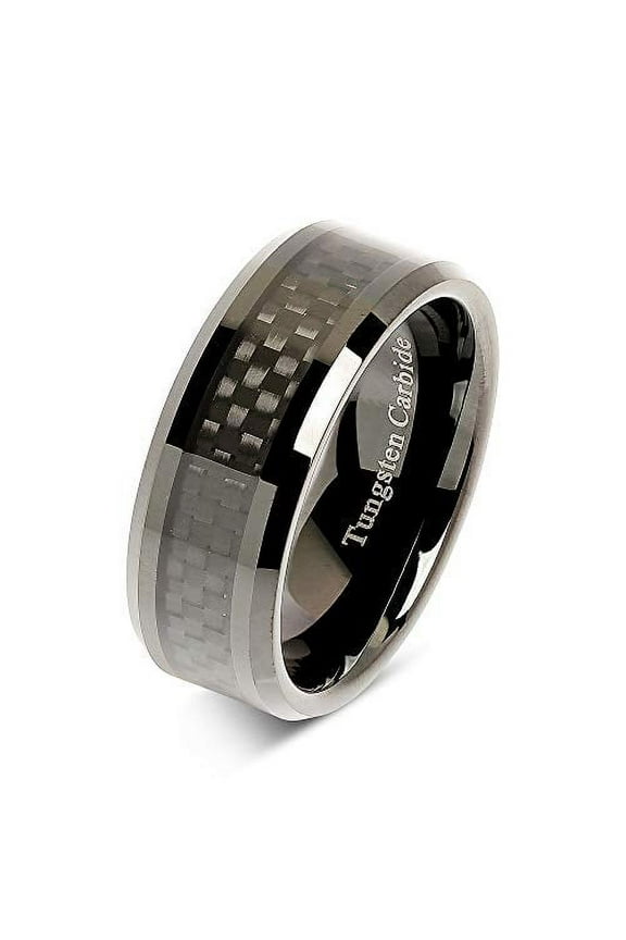 8mm Tungsten Carbide Ring Carbon Fiber Inlay Black Plated Wedding Band Size 6-16 (Tungsten, 10.5)