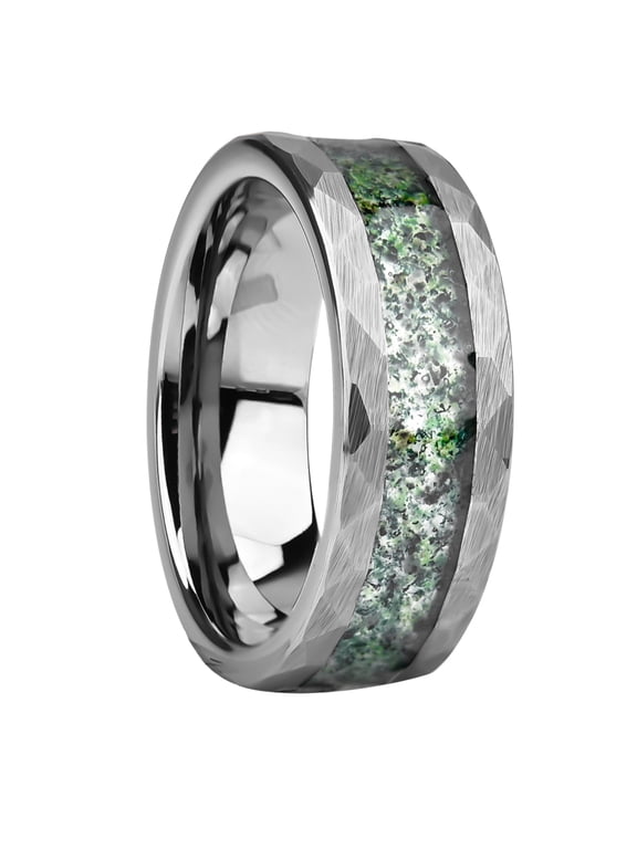 8mm Tungsten Carbide Ring Hammered Finish with Moss Agate Inlay Unisex Wedding Band