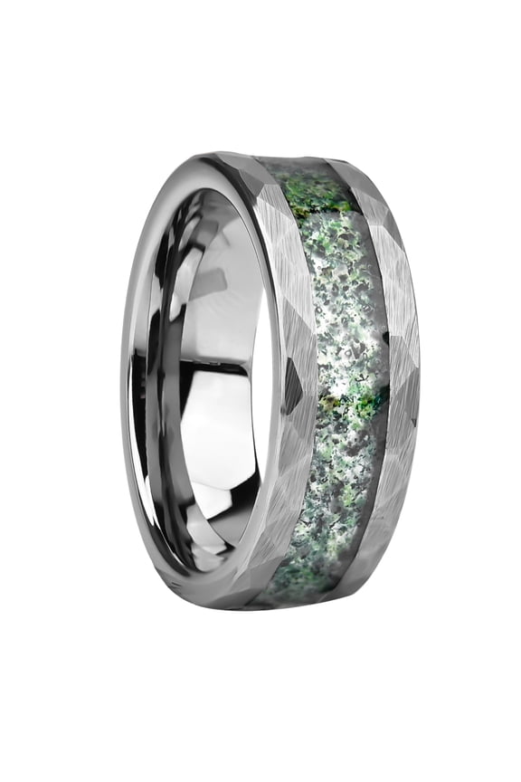 8mm Tungsten Carbide Ring Hammered Finish with Moss Agate Inlay Unisex Wedding Band
