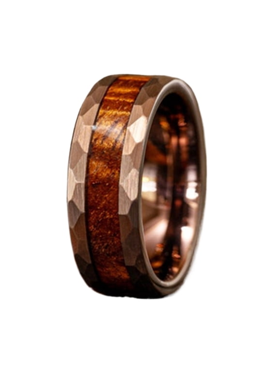 8mm Tungsten Carbide Ring Hammered Koa Wood Inlay Rose Gold Wedding Band