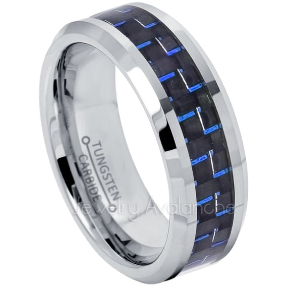 8mm Tungsten Carbide Ring - Polished Comfort Fit Beveled Edge Tungsten Wedding Band with Blue and Black Carbon Fiber Inlay - TN158s11.5