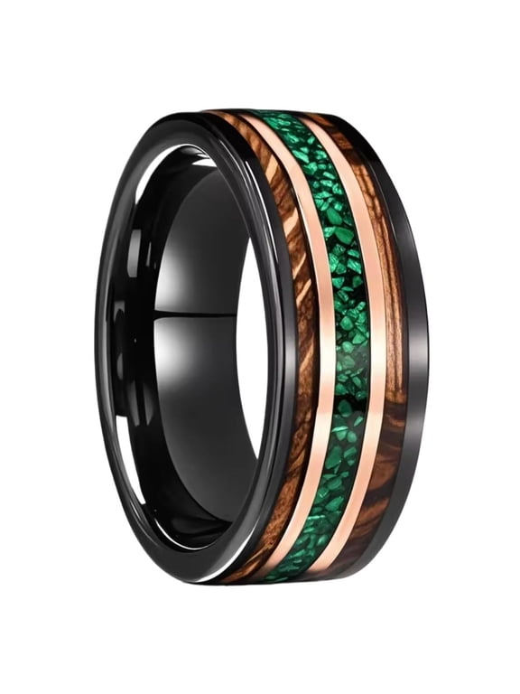 8mm Tungsten Carbide Ring for Men Two-Tone Green Stone & Whiskey Barrel Wood Inlay Comfort Fit Engagement Wedding Band Sizes 6-15