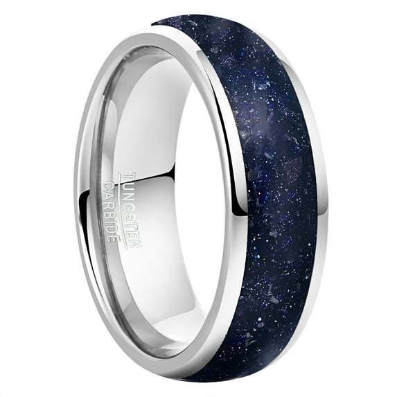 8mm Tungsten Carbide Ring for Men Women Steel Color Inlaid Blue Sandstone Dome Band