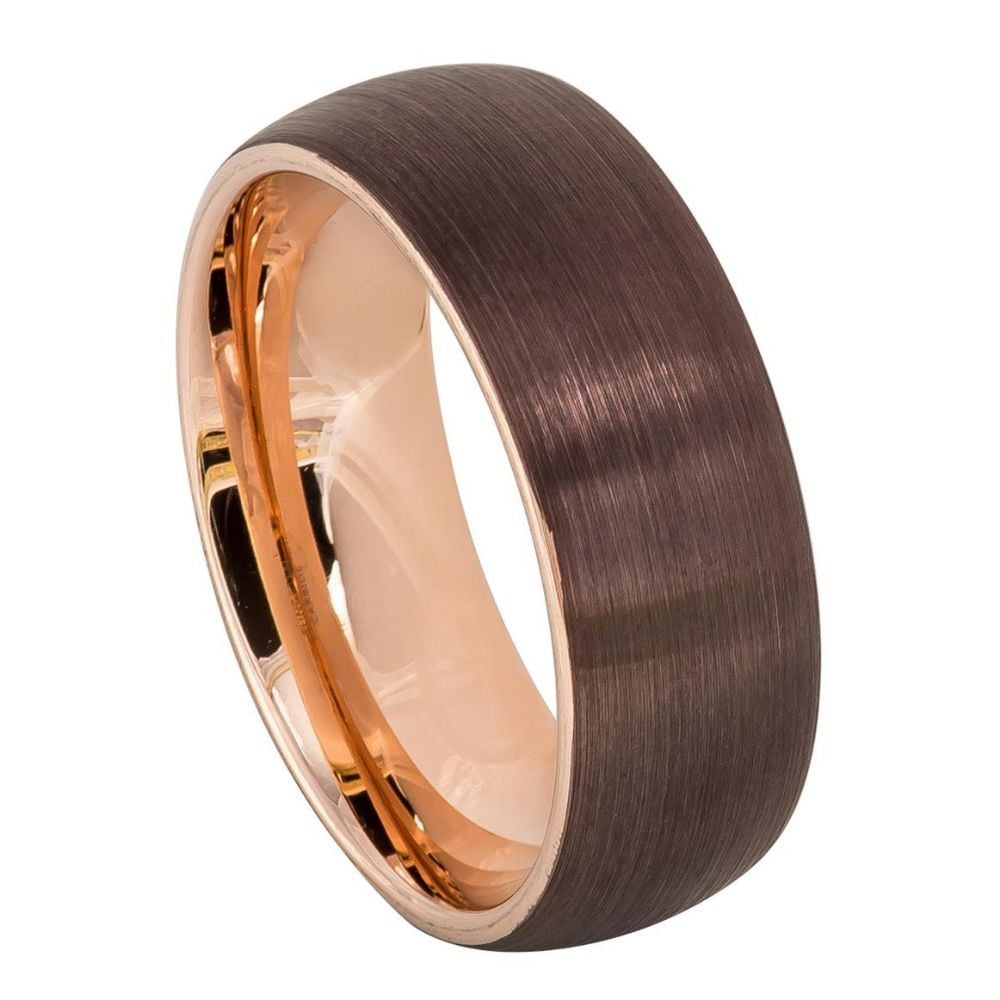 8 mm Tungsten Ring, Semi-Domed Brushed 2024 Brown IP Plated Outside & Rose Gold IP Plated Inside