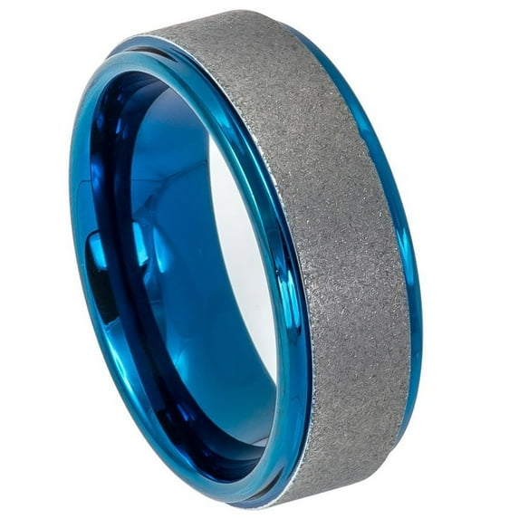 8mm Tungsten Carbide Sandblasted Finish Center Stepped Edge Blue IP Plated Wedding band Ring for Men and Ladies