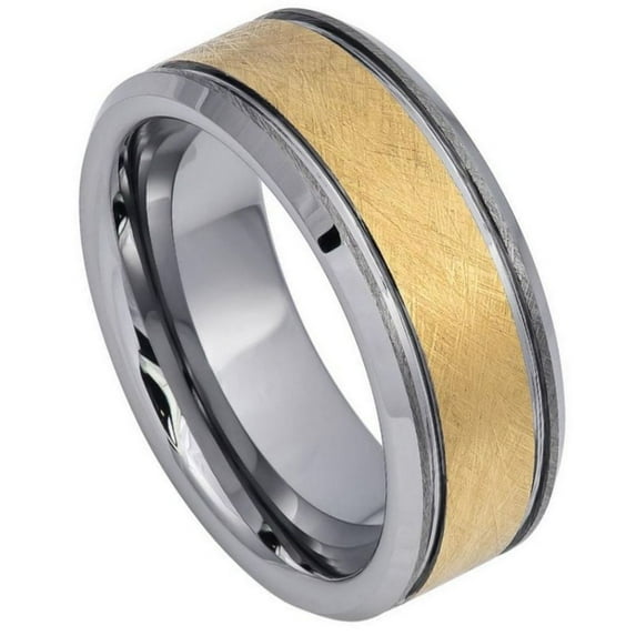 8mm Tungsten Carbide Yellow Gold IP Plated Wire Brushed Finished Center High Polished Stepped/Beveled Edge Wedding band Ring for Men and Ladies