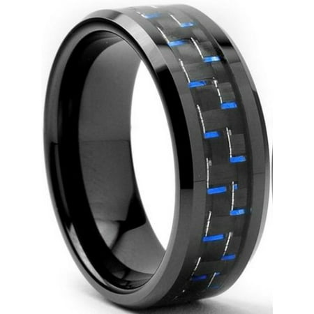 8mm Tungsten Carbide ring Blue Carbon Fiber inlay Wedding Band mens jewelry