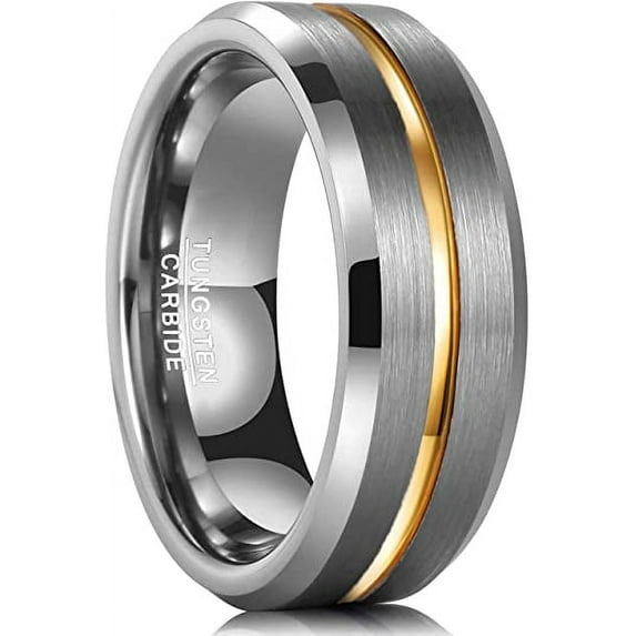 8mm Tungsten Male Female Carbide Ring Gold Line Matte Finish Beveled Edge Wedding Band Size 7 to 12