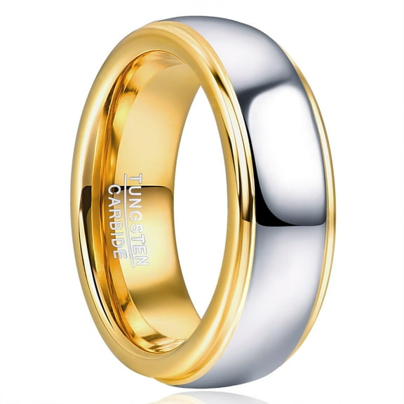 8mm Tungsten Ring Men's Wedding Bands Domed Tungsten Ring in Polished Gold Plated Finish