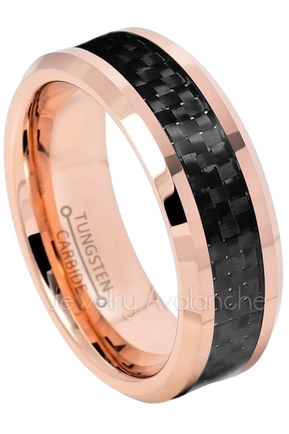 8mm Tungsten Ring - Polished Rose Gold Plated Comfort Fit Tungsten Carbide Ring with Black Carbon Fiber Inlay - TN328s10