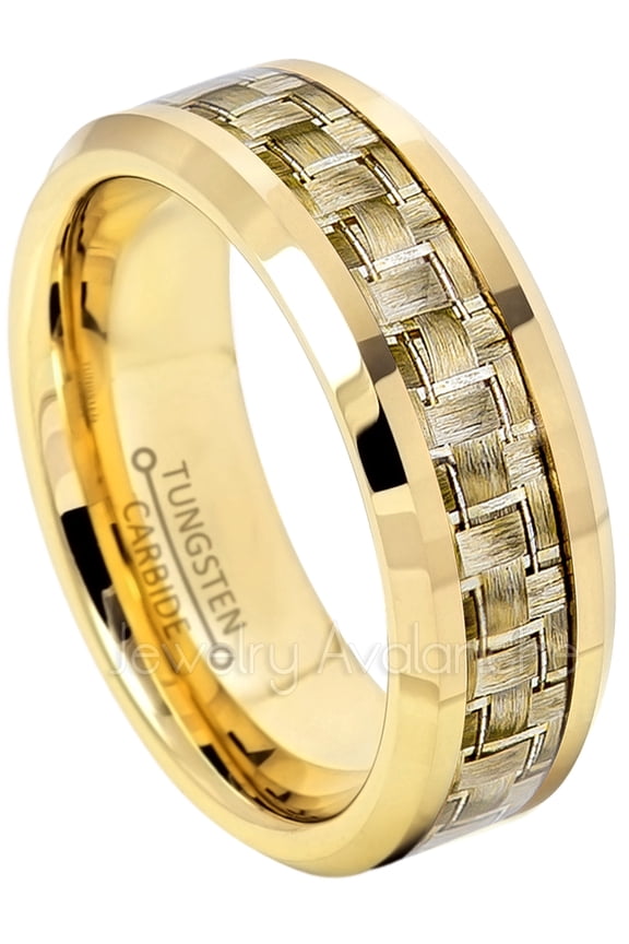 8mm Tungsten Ring - Polished Yellow Gold Plated Comfort Fit Beveled Edge Tungsten Ring with Golden Carbon Fiber Inlay - TN341WAs9.5