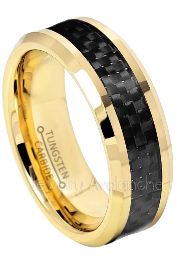 8mm Tungsten Ring - Polished Yellow Gold Plated Comfort Fit Tungsten Carbide Ring with Black Carbon Fiber Inlay - TN331WAs10