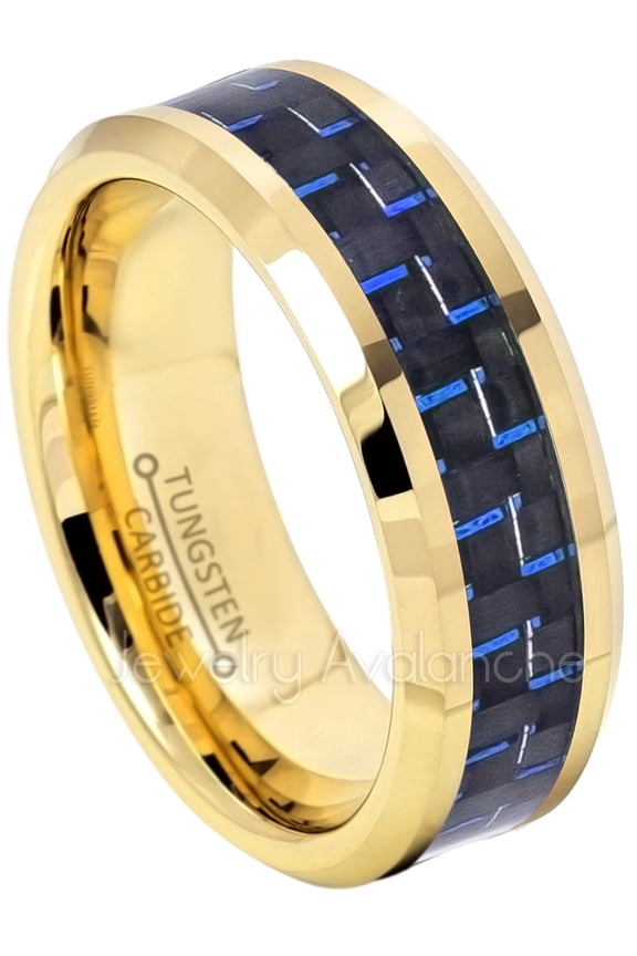 8mm Tungsten Ring - Polished Yellow Gold Plated Comfort Fit Tungsten Ring with Blue and Black Carbon Fiber Inlay - TN335s12
