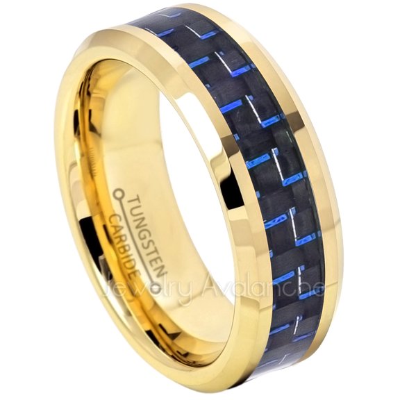 8mm Tungsten Ring - Polished Yellow Gold Plated Comfort Fit Tungsten Ring with Blue and Black Carbon Fiber Inlay - TN335s7