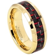 8mm Tungsten Ring - Polished Yellow Gold Plated Comfort Fit Tungsten Ring with Red and Black Carbon Fiber Inlay - TN333WAs12