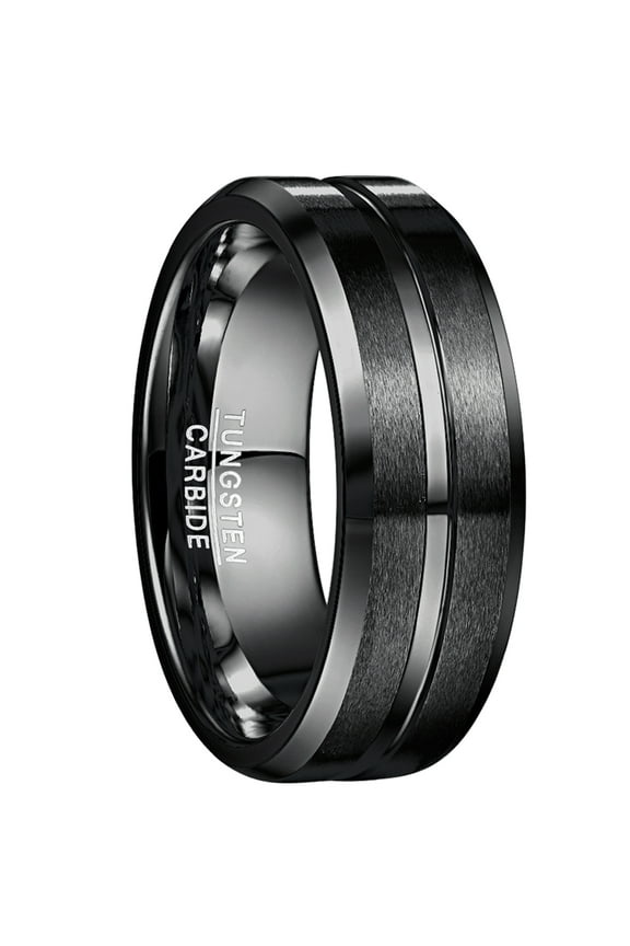8mm Tungsten Ring for Men Women Black Groove Wedding Bands Beveled Edges Size 6 to 14
