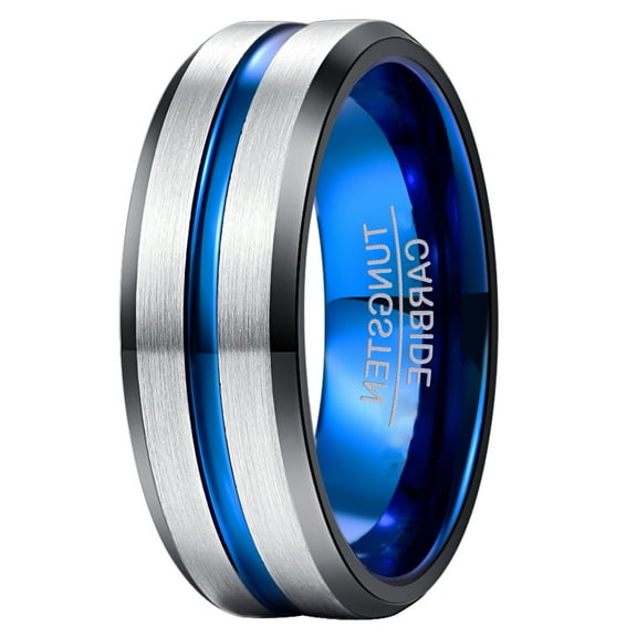 8mm Tungsten Ring for Men Women Blue Center Groove Wedding Bands Size 6 to 14