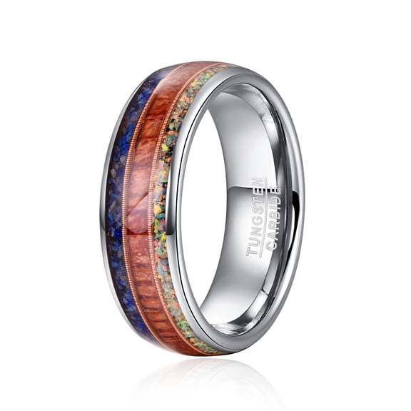 8mm Tungsten Rings for Men Hawaiian Koa Wood and Lapis Lazuli& Opal Inlay Domed Tungsten Wedding Bands Size 7-12