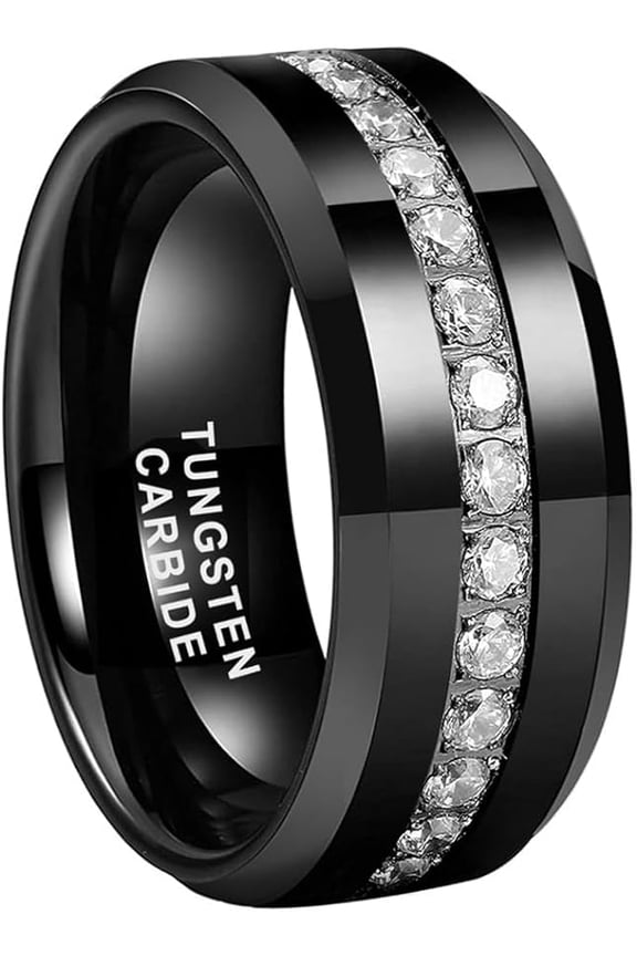 8mm Tungsten Rings for Men Women Couple Eternity Anniversary Engagement Wedding Bands Fashion Jewelry Stone Inlay Beveled Polished Shiny Comfort Fit