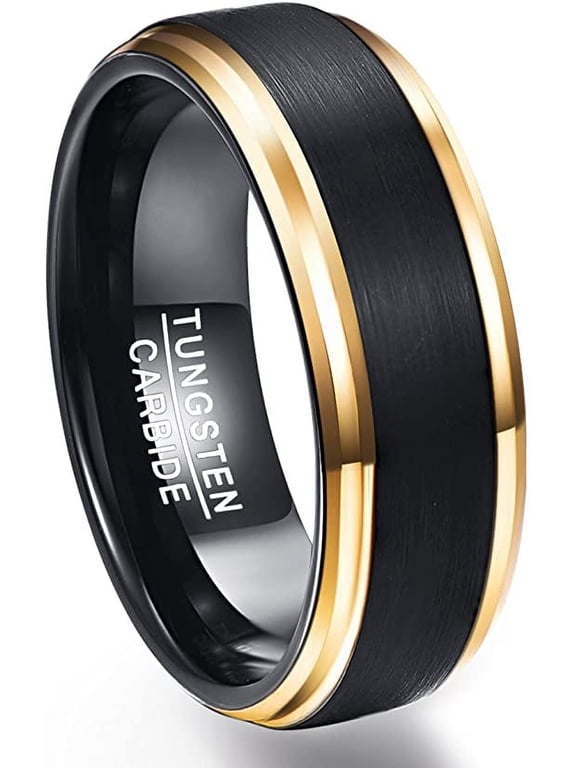 8mm Tungsten Rings with Black Gold Beveled Edges for Men Women Brushed Center Wedding Band Comfort Fit Size 6-15